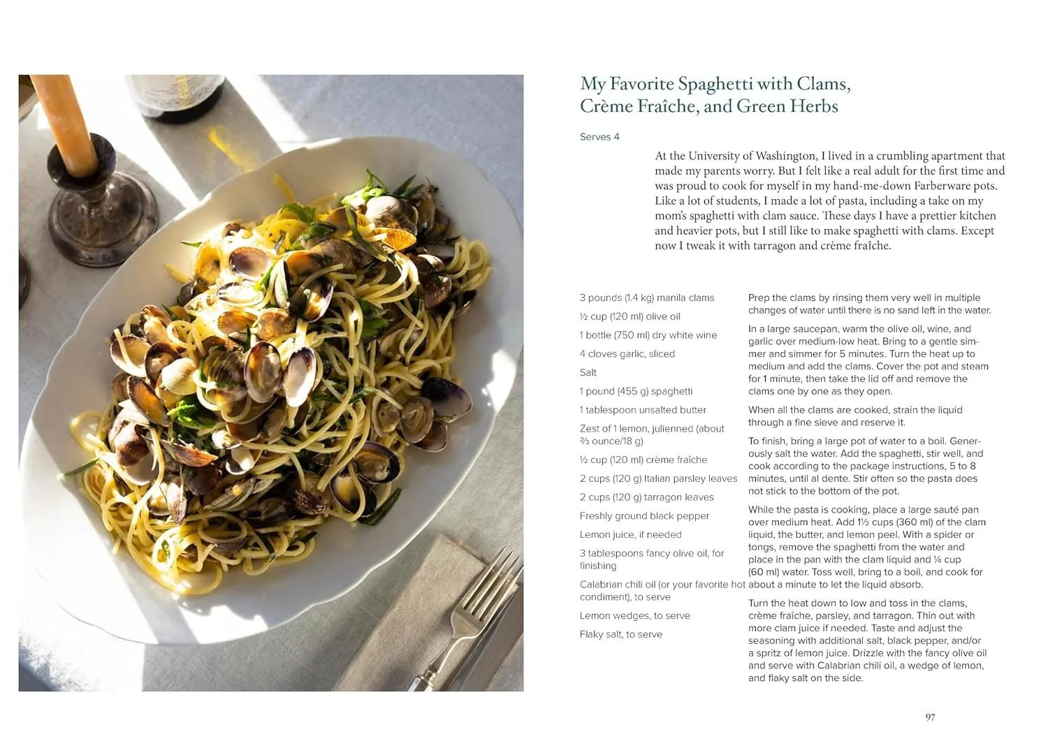 Sunlight & Breadcrumbs: My Favorite Spaghetti with Clams, Creme Fraiche, and Green Herbs